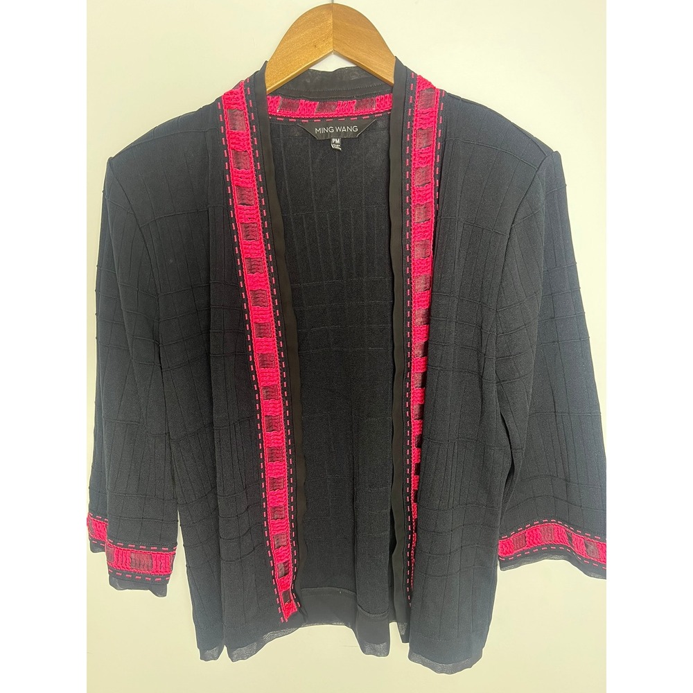 Ming Wang Wm MP Knit Cardigan Black Pink Crochet Trim Old Money Office Minimal